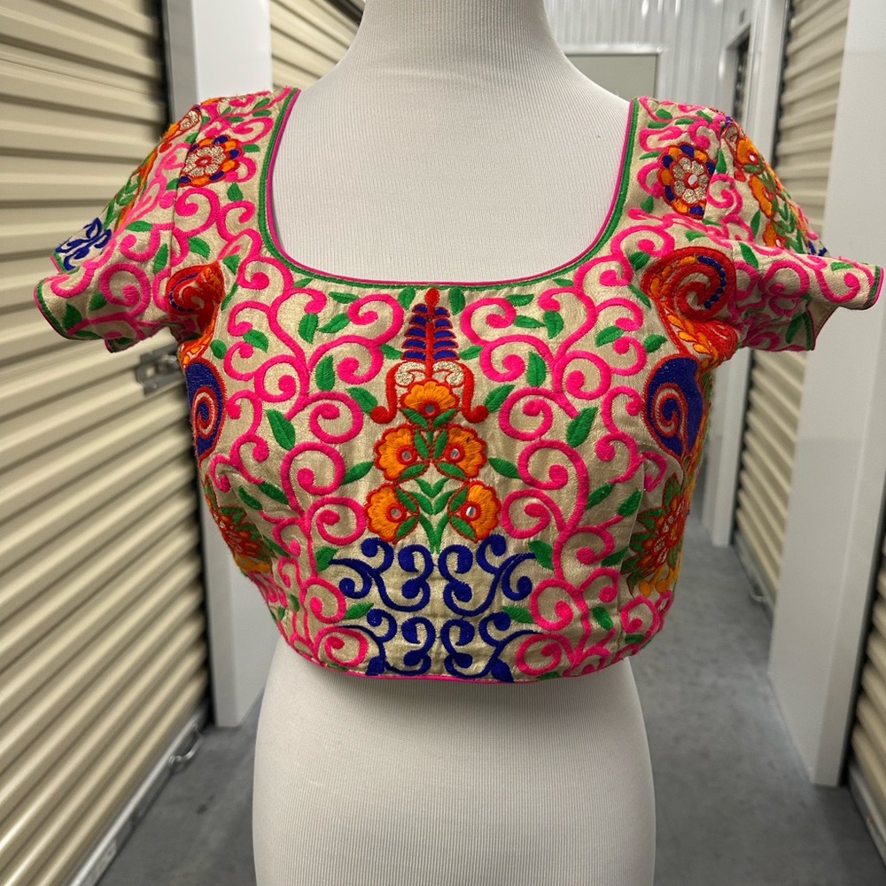 Beige Embroidered Floral Crop Top with Bold Multicolor Flowers and Patterns